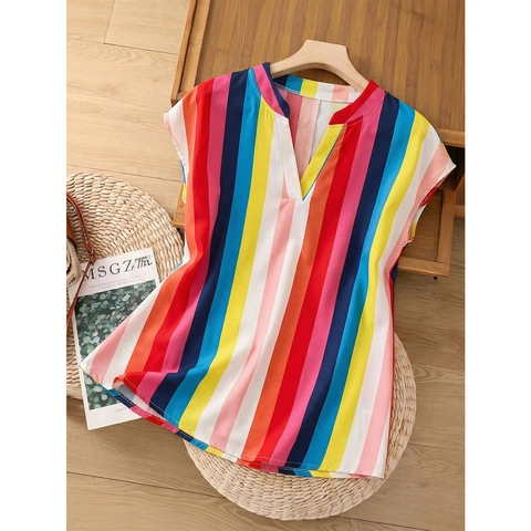 Plus Size Women V-Neck Colorful Vertical Striped Chiffon Blouse Flutter Sleeve Loose Short Sleeve Vacation Top