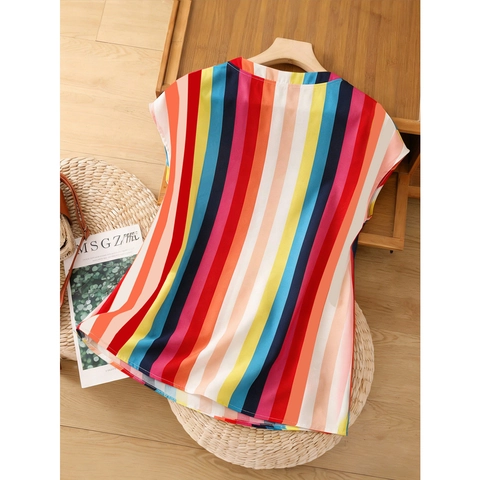 Plus Size Women V-Neck Colorful Vertical Striped Chiffon Blouse Flutter Sleeve Loose Short Sleeve Vacation Top