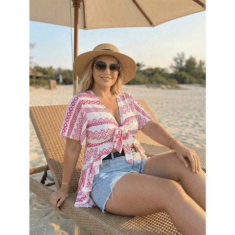 Dames Grote Maten V-hals Boho Geometrische Print Striksluiting Korte Mouw Blouse Casual Strand Cover Up Vakantie Shirt Roze Wit