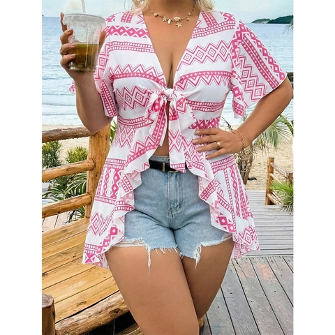 Dames Grote Maten V-hals Boho Geometrische Print Striksluiting Korte Mouw Blouse Casual Strand Cover Up Vakantie Shirt Roze Wit