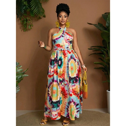 Dames Plus Size Halternek Maxi Jurk Vintage Tie-Dye Bloemenprint Rugvrij Hoge Taille Zomervakantie Boho Lange Jurk