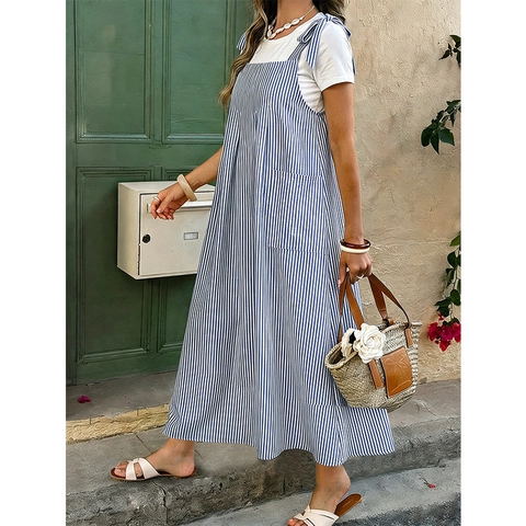 Women Plus Size Striped Overall Dress Set With Short Sleeve White T-Shirt Bow Strap Pockets Loose Casual Maxi Dress