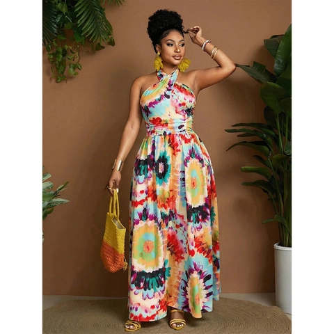 Dames Plus Size Halternek Maxi Jurk Vintage Tie-Dye Bloemenprint Rugvrij Hoge Taille Zomervakantie Boho Lange Jurk