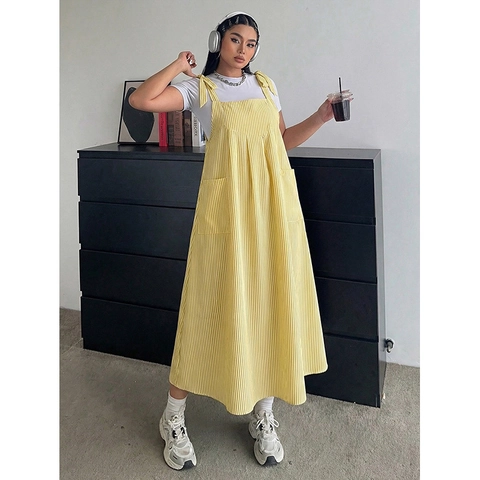 Women Plus Size Striped Overall Dress Set With Short Sleeve White T-Shirt Bow Strap Pockets Loose Casual Maxi Dress