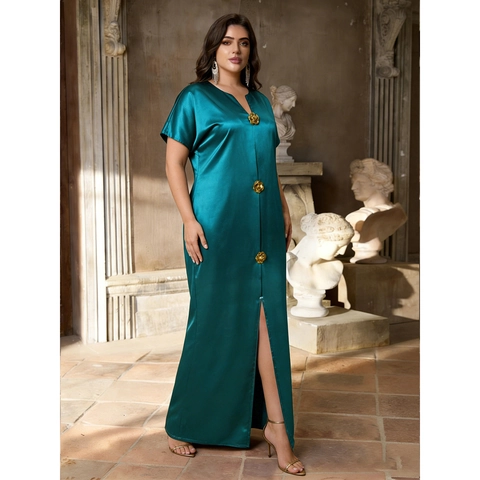 Damen Übergröße Satin Maxi Kleid V Ausschnitt Kurzarm Schlitz Mit 3D Gold Rosenknöpfen Elegantes Party Abend Langes Gewand