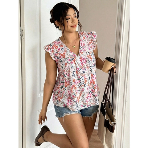 Blusa Taglie Forti con Scollo a V Stampa Floreale Maniche a Volant Top in Chiffon Senza Maniche Estivo Donna