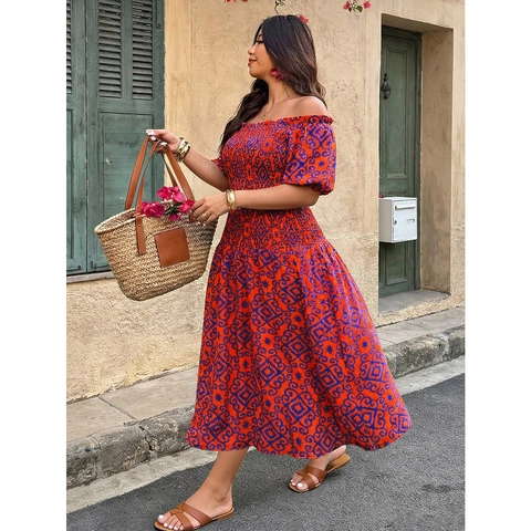 Women Plus Size Off The Shoulder Smocked Geometric Print Bubble Sleeve A-Line Maxi Dress Bohemian Vacation Split Long Dress
