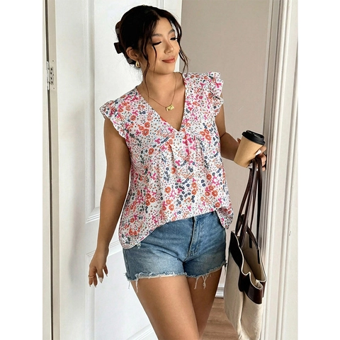 Blusa Taglie Forti con Scollo a V Stampa Floreale Maniche a Volant Top in Chiffon Senza Maniche Estivo Donna