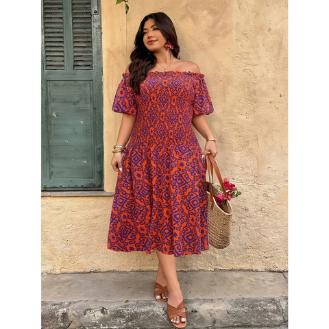 Women Plus Size Off The Shoulder Smocked Geometric Print Bubble Sleeve A-Line Maxi Dress Bohemian Vacation Split Long Dress