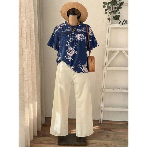 Dames Grote Maten Bloemen Chiffon Blouse Korte Mouw Kant Patchwork Ruffles Opstaande Kraag Losse Casual Zomer Top