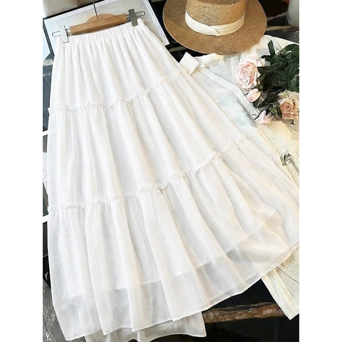Women's Plus Size White Tiered Cake Skirt High Waist Elastic Bohemian Ruffle Chiffon Layered Flowy Midi Half Skirt for Summer