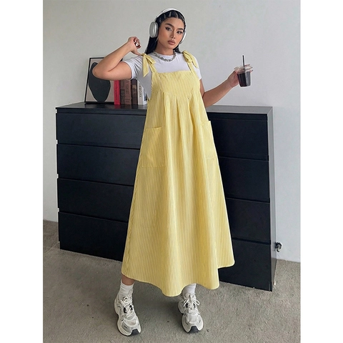 Dames Grote Maat Gestreepte Pinafore Jurk En Wit T-Shirt Casual Losse A-Lijn Maxi Jurk Met Zakken En Strikken