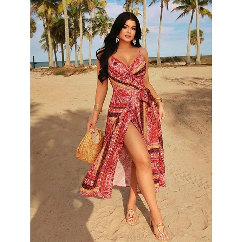 Women Plus Size Bohemian Paisley Print Maxi Dress V Neck Spaghetti Strap High Split Wrap Dress Summer Beach Vacation