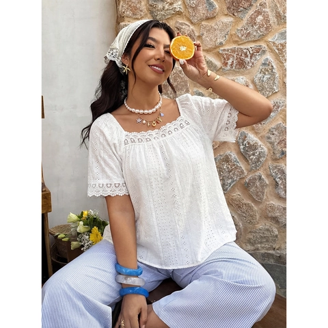 Women's Square Neck Eyelet Embroidery White Blouse Plus Size Lace Patchwork Hollow Out Short Sleeve Summer Vacation Top