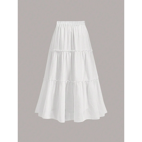 Women's Plus Size White Tiered Cake Skirt High Waist Elastic Bohemian Ruffle Chiffon Layered Flowy Midi Half Skirt for Summer