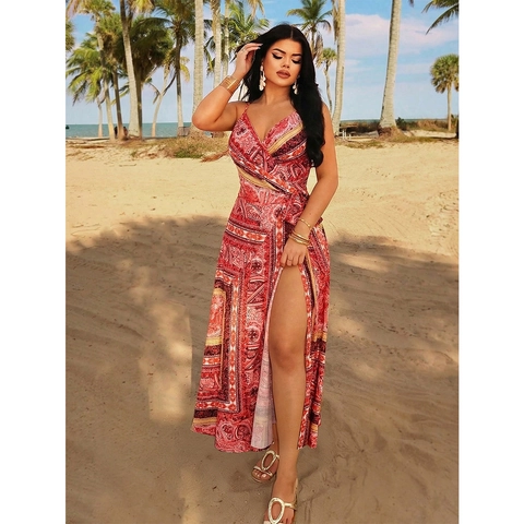 Women Plus Size Bohemian Paisley Print Maxi Dress V Neck Spaghetti Strap High Split Wrap Dress Summer Beach Vacation
