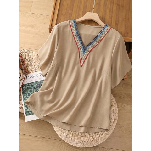 Blouse à Manches Courtes et Col en V pour Femmes Grande Taille Haut en Chiffon Ample avec Bordure en Dentelle Brodée