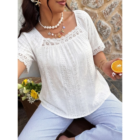 Women's Square Neck Eyelet Embroidery White Blouse Plus Size Lace Patchwork Hollow Out Short Sleeve Summer Vacation Top
