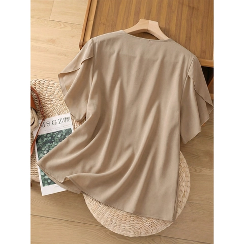 Blouse à Manches Courtes et Col en V pour Femmes Grande Taille Haut en Chiffon Ample avec Bordure en Dentelle Brodée