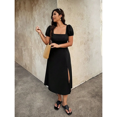 Abito Midi da Donna con Scollo Quadrato e Maniche a Sbuffo Schiena Scoperta con Fiocco Spacco Alto Elegante Tinta Unita Nero