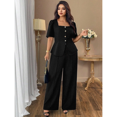 Women Plus Size Solid Color Square Neck Puff Sleeve Peplum Top And High Waist Wide Leg Pants Office Commute Suit