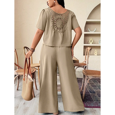 Damen Übergröße Khaki Zweiteiler Set V Ausschnitt Vorne Zum Binden Kurzarm Top und Weite Hose Casual Urlaub Sommer Outfit