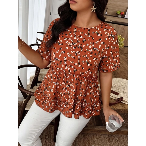 Women Plus Size Floral Chiffon Blouse Rusty Red Short Sleeve Round Neck Ruffle Hem Loose Casual Pullover Peplum Top