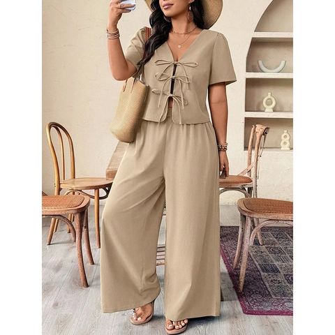 Damen Übergröße Khaki Zweiteiler Set V Ausschnitt Vorne Zum Binden Kurzarm Top und Weite Hose Casual Urlaub Sommer Outfit