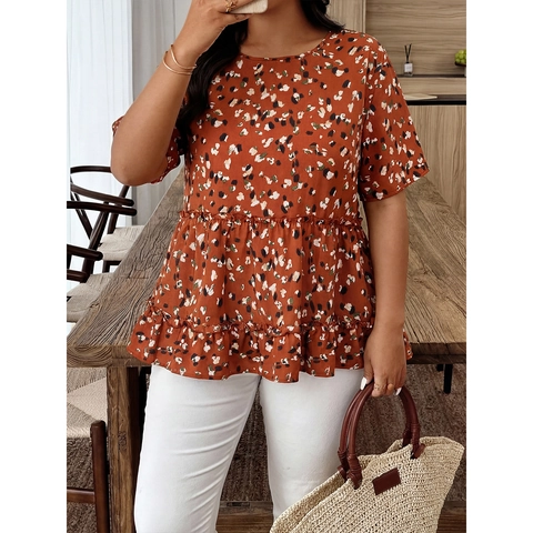Women Plus Size Floral Chiffon Blouse Rusty Red Short Sleeve Round Neck Ruffle Hem Loose Casual Pullover Peplum Top