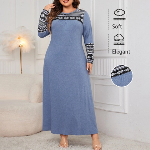 Vestido Maxi de Talla Extra para Mujer Manga Larga Cuello Redondo Estampado Geométrico Copo de Nieve Nórdico Elegante Casual