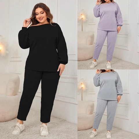 Women's Plus Size Off Shoulder Loungewear Set Lantern Sleeve Long Sleeve Top and Nine Minute Drawstring Pants Casual Two Piece Tracksuit Outfits