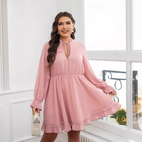 Plus Size Women Pink Swiss Dot Chiffon Dress V-Neck Ruffle Long Sleeve Elegant Tie Waist Summer Mini Dress