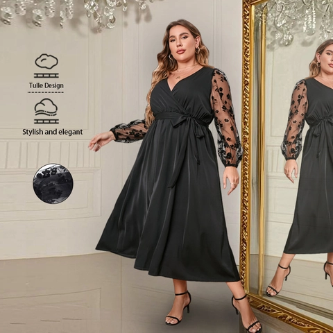 Plus Size Dames Zwarte Jurk Met V-Hals Mesh Bloemen Borduurwerk Lange Mouwen Elegant Feest Midi Jurk