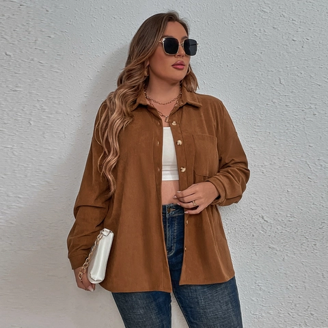 Women Plus Size Corduroy Button Down Shirt Casual Loose Long Sleeve Shacket Top With Pocket Dark Brown Solid Color Shirt