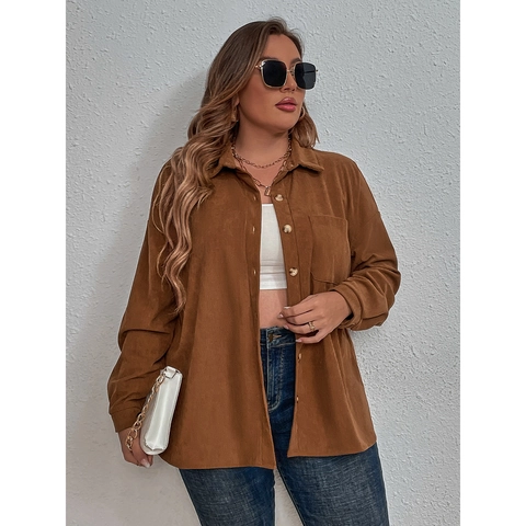 Women Plus Size Corduroy Button Down Shirt Casual Loose Long Sleeve Shacket Top With Pocket Dark Brown Solid Color Shirt