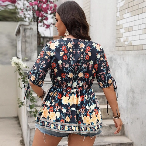 Women Plus Size Bohemian Floral Print V-Neck Short Sleeve Blouse Drawstring Waist Casual Vacation Relaxed Top