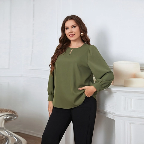 Women Plus Size Army Green Blouse Round Neck Keyhole Detail Long Lantern Sleeve Casual Solid Color Polyester Top