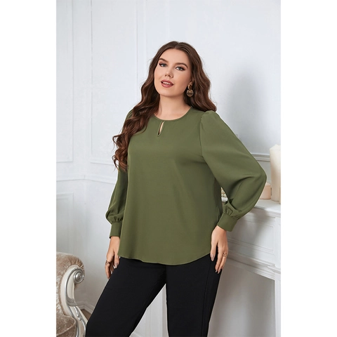 Women Plus Size Army Green Blouse Round Neck Keyhole Detail Long Lantern Sleeve Casual Solid Color Polyester Top
