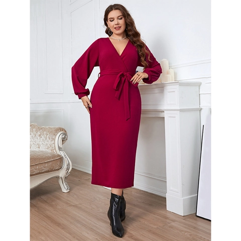 Plus Size Women Elegant Wine Red V Neck Long Sleeve Wrap Maxi Dress With Belt Lantern Sleeves Knitting Slim Fit Party Dress