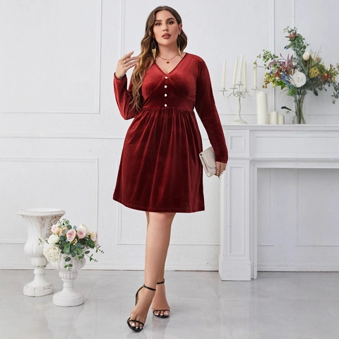 Dames Grote Maat V-hals Fluweel Jurk Lange Mouwen Bourgondië Hoge Taille Sierknoppen Elegant Feest Midi Empire Jurken