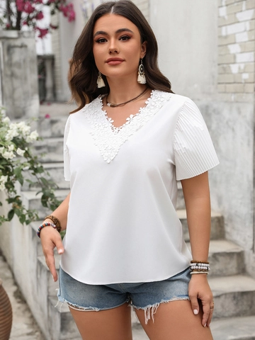 Women V Neck Lace Patchwork Short Sleeve Top Plus Size Pleated Fly Sleeve Blouse Casual Solid Color Summer Vacation Shirt