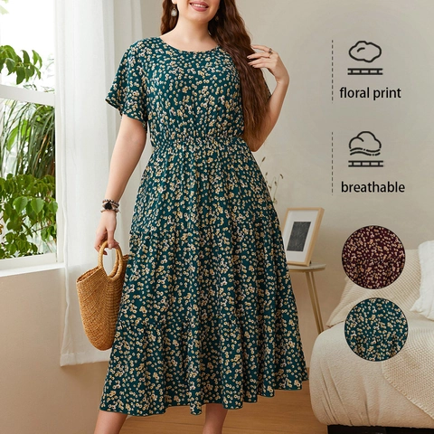 Abito da Donna Taglie Forti con Stampa Floreale Girocollo Manica Corta Vita Alta Gonna a Balze Midi per Vacanze Estive