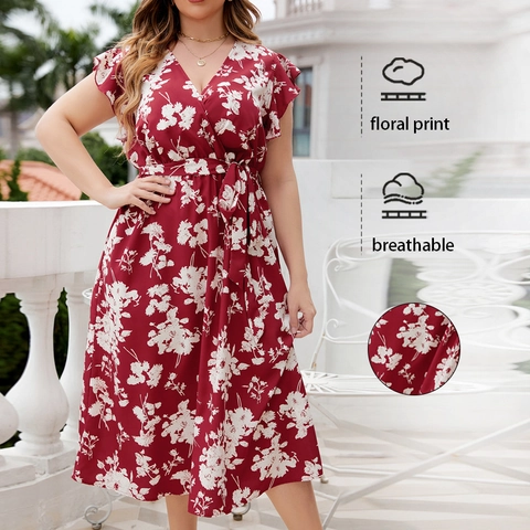 Dames Plus Size Bloemenprint V-hals Midi Jurk Zomer Ruffle Mouw Riem A-Lijn Vakantie Casual Wijnrood Wikkeljurk