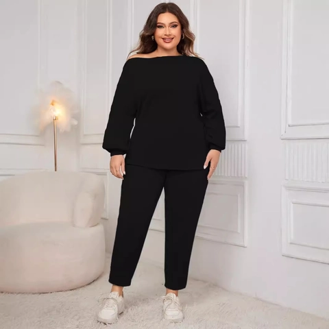 Women's Plus Size Off Shoulder Loungewear Set Lantern Sleeve Long Sleeve Top and Nine Minute Drawstring Pants Casual Two Piece Tracksuit Outfits
