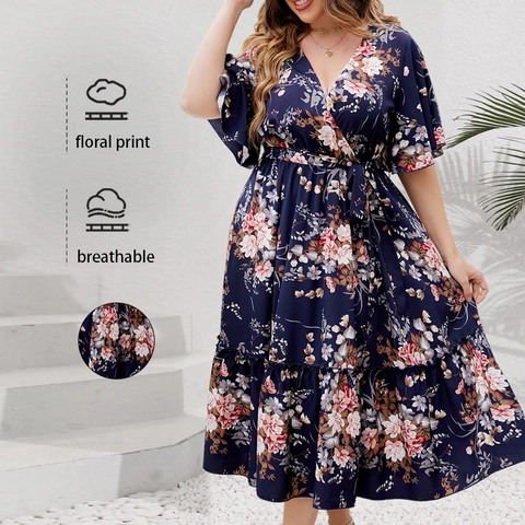 Dames Grote Maten Bloemenprint V-hals Wikkel Midi Jurk Elegant Donkerblauw Ruffles Korte Mouw Zomer Vakantie Feestjurk