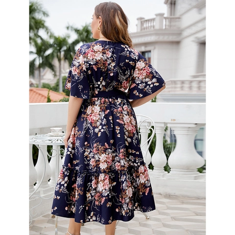Dames Grote Maten Bloemenprint V-hals Wikkel Midi Jurk Elegant Donkerblauw Ruffles Korte Mouw Zomer Vakantie Feestjurk