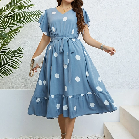 Damen Übergröße V-Ausschnitt Punktmuster Midi Kleid Mit Rüschenärmeln Lässig Bindegürtel Sommer Urlaub Boho A-Linie Kleid