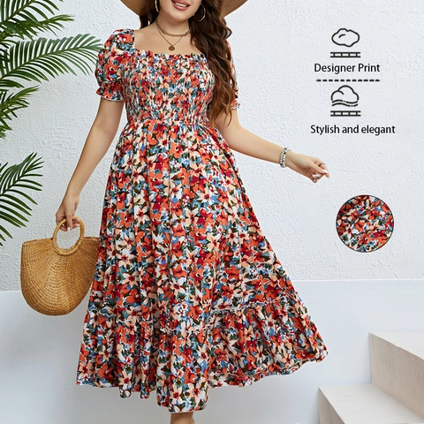 Damen Übergröße Blumenmuster Gesmoktes Maxi-Kleid Eckiger Ausschnitt Puffärmel Boho Sommer Urlaub Rüschensaum A-Linie Kleid