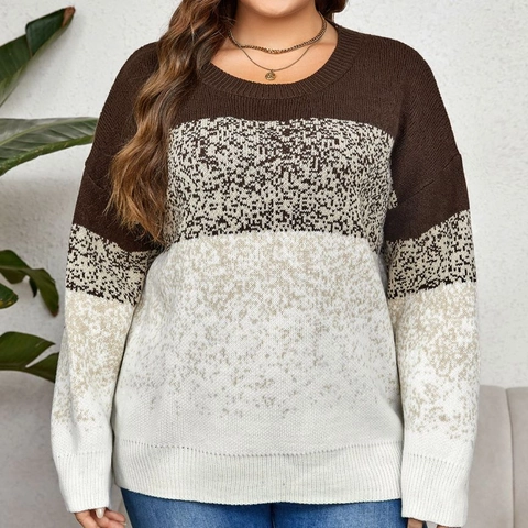 Maglione in Maglia a Blocchi di Colore Taglie Forti Donna Casual Girocollo Manica Lunga Vestibilità Larga Pullover Patchwork Top Autunno Inverno