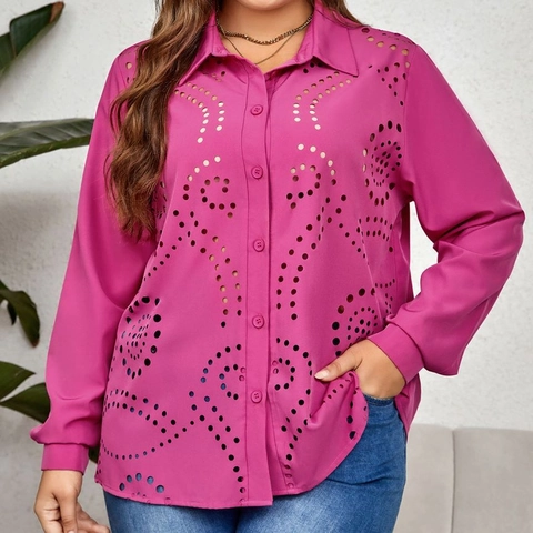 Chemisier Femme Grande Taille Magenta Découpe Laser Ajouré Col Rabattu Boutonné Manches Longues Décontracté Ample